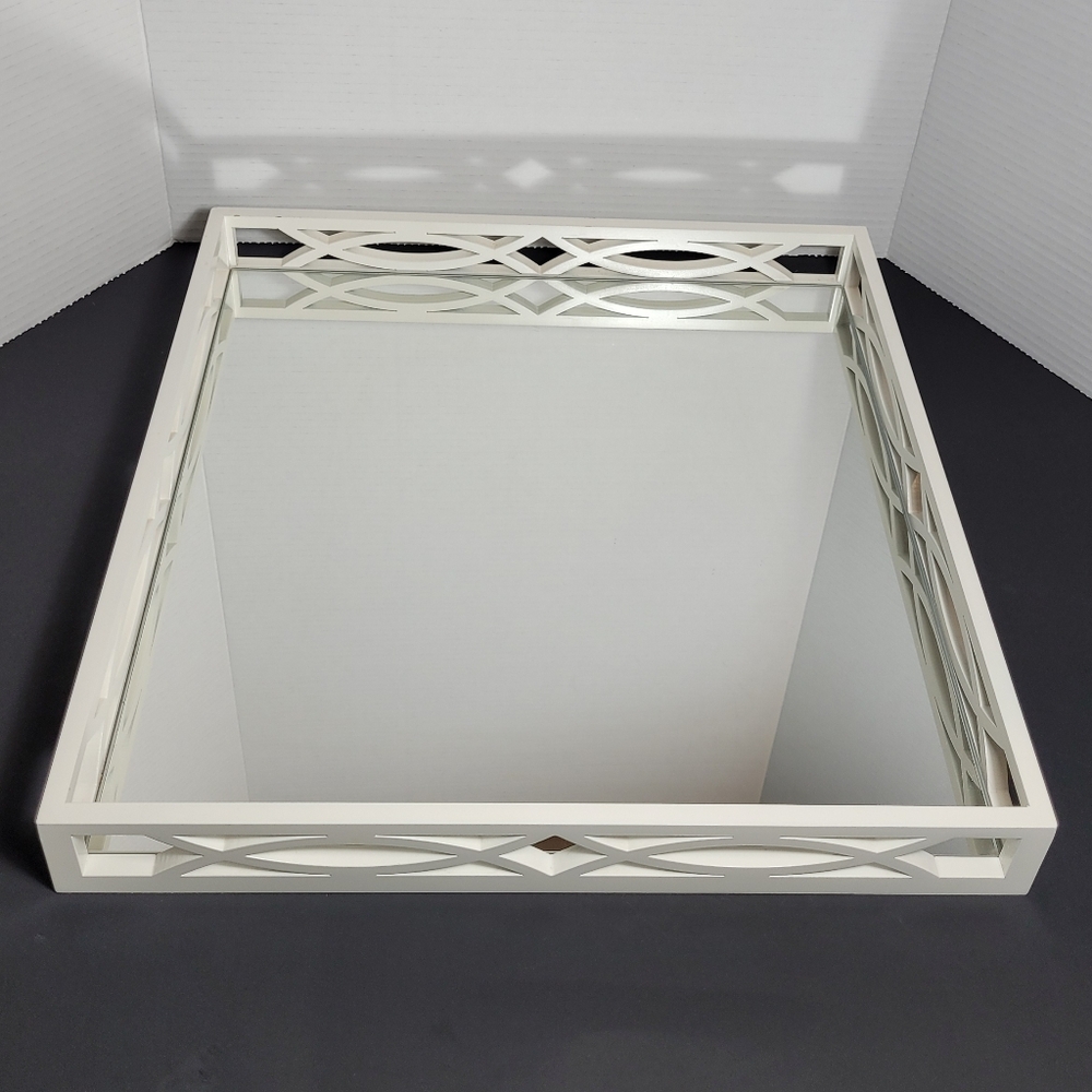 Chic White Mirrored Art Deco Vanity Tray Large 16"